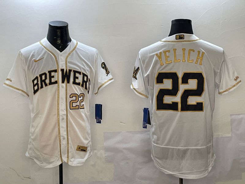 Men Milwaukee Brewers #22 Yelich White Gold Elite 2025 Nike MLB Jersey style 4->milwaukee brewers->MLB Jersey